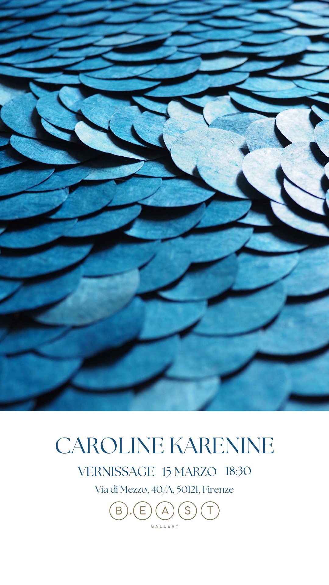 Caroline Karenine B.east Gallery vernissage announcement with blue sculptural details