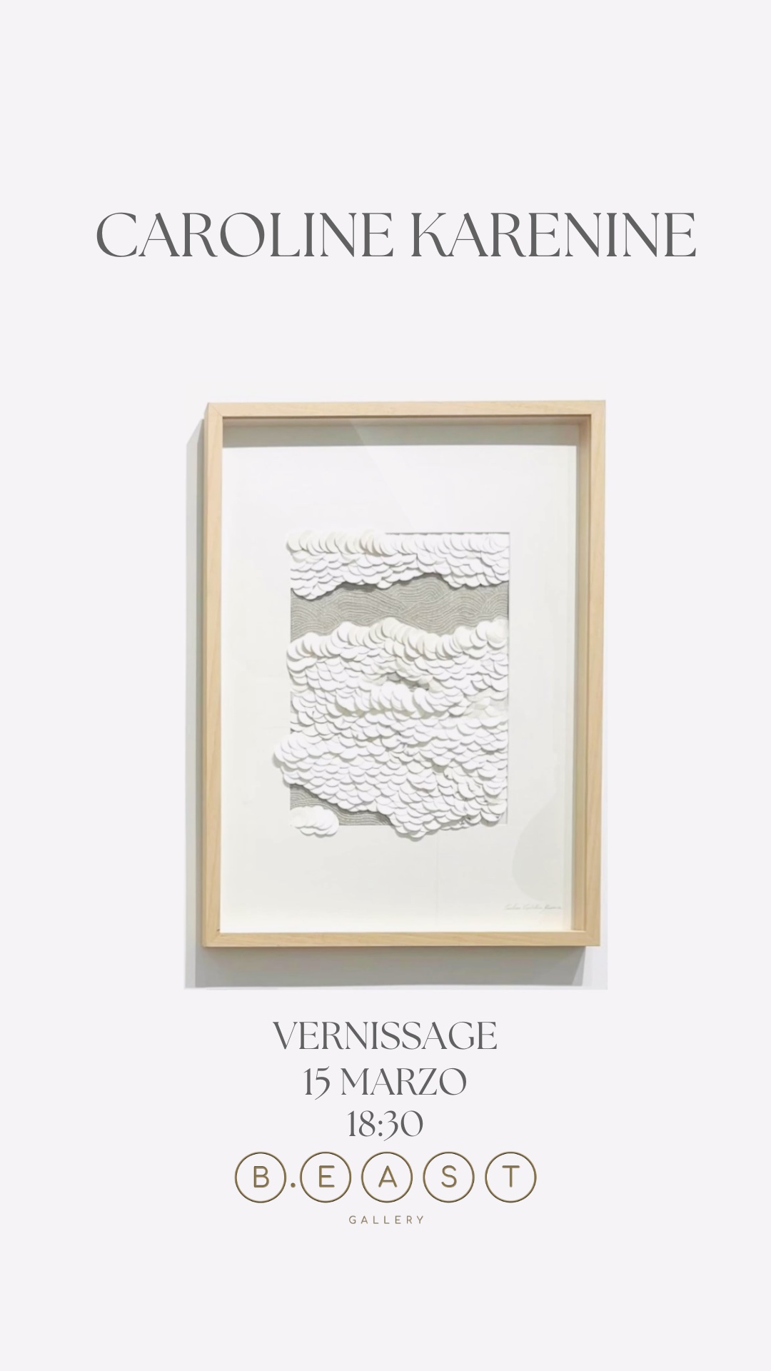 Caroline Karenine vernissage announcement featuring a framed artwork