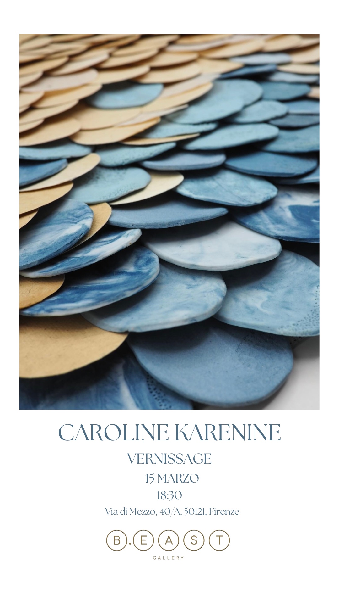 Caroline Karenine B.east Gallery vernissage announcement with layered blue details